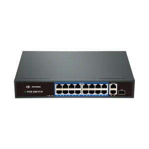 Jovision 16-Port 100M PoE Switch with Gigabit Uplink, SFP Slot, AI Mode, and 250m Extend Mode for intelligent surveillance networking in Bangladesh