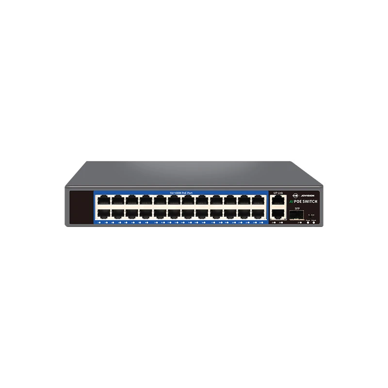 Jovision 24-Port 100M PoE Switch with Gigabit Uplink, SFP Slot, AI Mode, and 250m Extend Mode for intelligent surveillance networking in Bangladesh